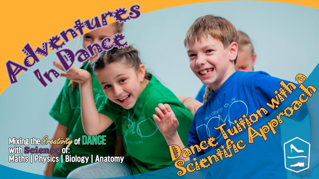 Three smiling children in colorful t-shirts pose energetically together, promoting Adventures in Dance. Text highlights dance tuition with a scientific approach, mixing creativity with subjects like maths, physics, biology, and anatomy.