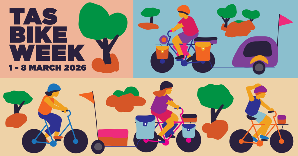 Colorful illustration promoting TAS Bike Week 1–8 March 2026. Four people ride bicycles with baskets, panniers, and trailers through a landscape with stylized trees and bushes. Bold text appears in the upper left corner.