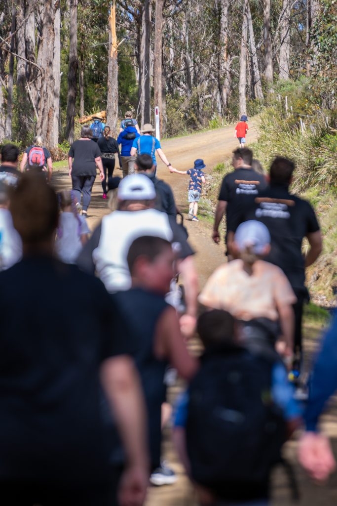 A group of people, including adults and children, walk together on a forest trail on a sunny day. The focus is on a child in the distance holding hands with an adult, while others walk ahead and behind.
