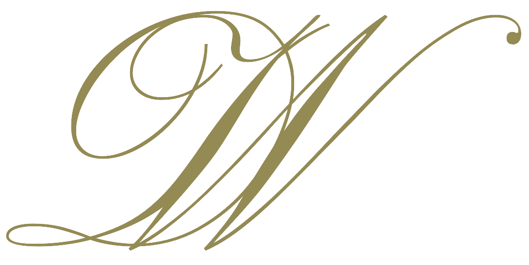 Elegant gold cursive calligraphy forming the intertwined letters DW on a light background.