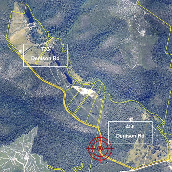 Aerial map with forested area, yellow property boundaries, and two marked plots labeled 733 Denison Rd and 456 Denison Rd. A red target symbol marks a location near the bottom center.