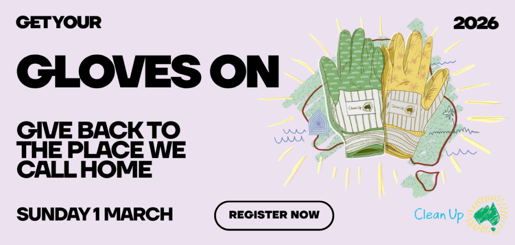 Promotional banner for a 2026 cleanup event featuring illustrated work gloves, event date Sunday 1 March, and a “Register Now” button. Text encourages people to “Give back to the place we call home.”.