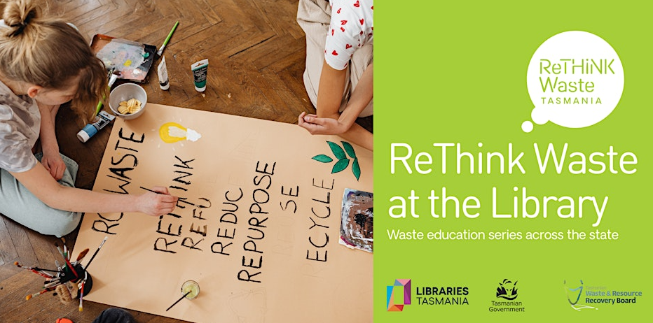 Two people sit on a wooden floor creating a poster about waste reduction, with drawings of a light bulb, leaf, and apple, and words like reduce, reuse, repurpose, and recycle. ReThink Waste at the Library text is visible.