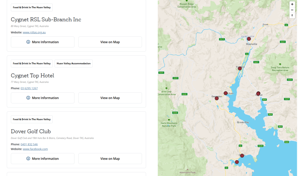 A website page displays a list of businesses with details and buttons on the left, and a map with location markers on the right, showing places near Huonville, Tasmania.