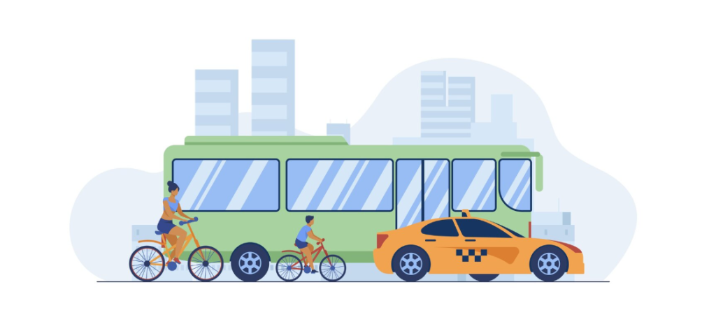 Illustration of a green city bus, a yellow taxi, and two people riding bicycles on a street with buildings in the background.