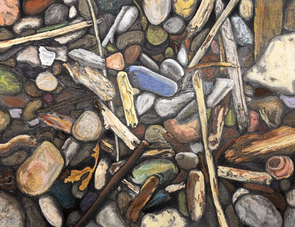 A detailed drawing of colorful pebbles, rocks, and driftwood pieces scattered on the ground, with a natural and textured appearance. The artwork uses earthy tones and various shapes to depict a realistic outdoor scene.