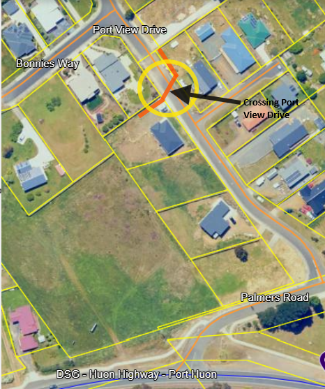 Aerial map view showing a neighborhood with labeled streets: Port View Drive, Bonnies Way, and Palmers Road. A yellow circle with an X and an arrow highlights a crossing point on Port View Drive.
