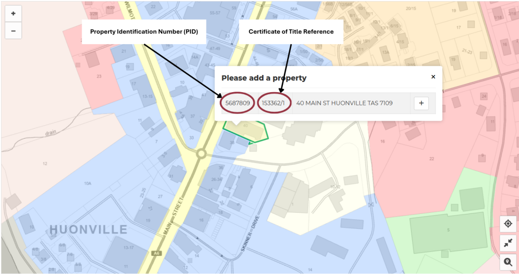 A map highlighting a property at 40 Main St, Huonville TAS 7109, with circles around the Property Identification Number (5687699) and Certificate of Title Reference (153312/1) and corresponding labels.
