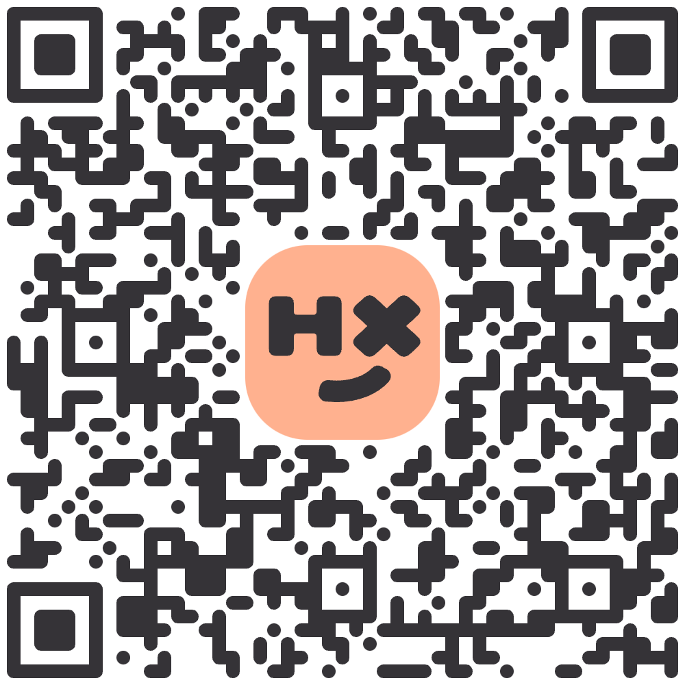 A QR code with a peach-colored square in the center featuring H X and a playful face. The code is black on a white background.