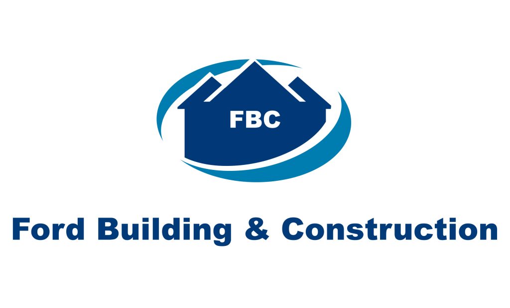 Logo for Ford Building & Construction featuring a stylized blue house with FBC inside, set against circular swooshes, with the company name written below in bold blue letters.