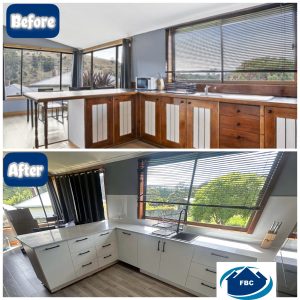 Before and after images of a kitchen renovation. The before shows brown wood cabinets and minimal counter space; the after features modern white cabinets, sleek counters, and an updated sink under a large window.