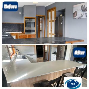 Side-by-side comparison of a kitchen before and after renovation. The before shows dark countertops and wood cabinets; the after features light countertops, modern cabinets, and an updated, brighter look.